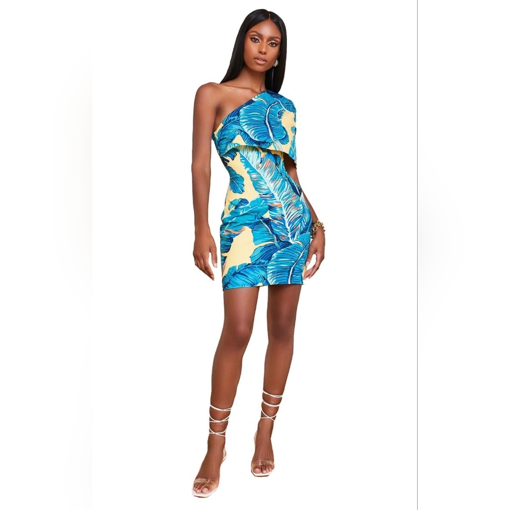 Yellow Palm Print One Shoulder Cape Mini Dress